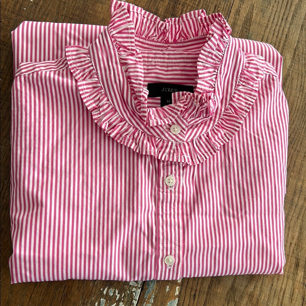 EUC J Crew Pink Striped Ruffle Collar Blouse Size M